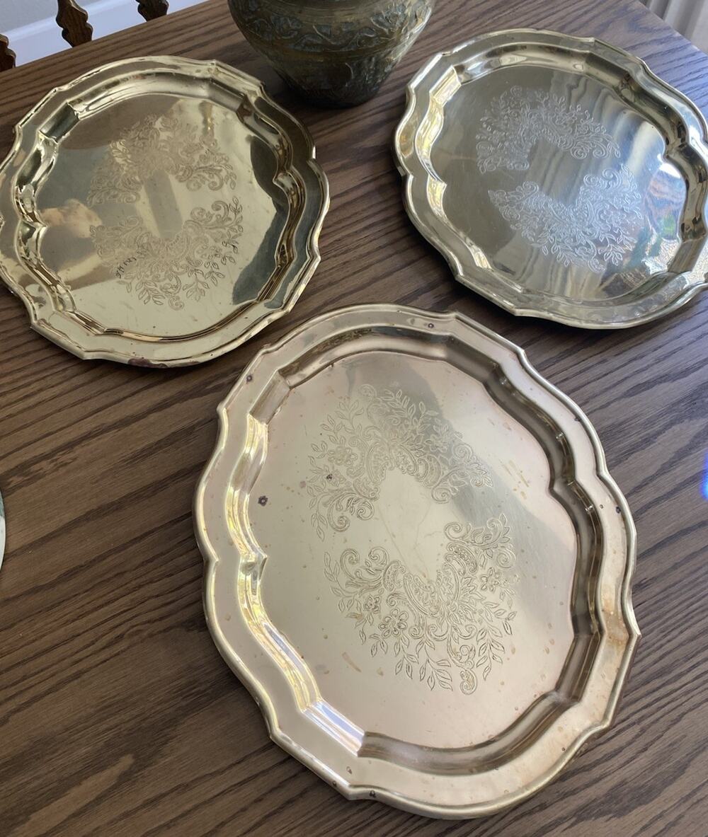 Vintage Baldwin Brass Engraved Trays Solid Brass Platters Set Of 3 Floral Detail